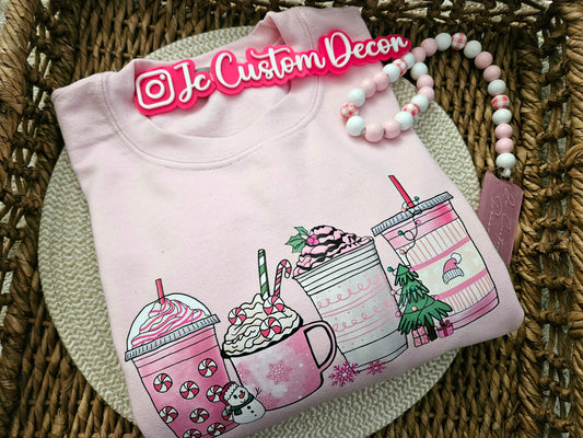 Pink Latte Christmas Sweatshirt-Pink Christmas mood sweater-Pink Christmas Fleece