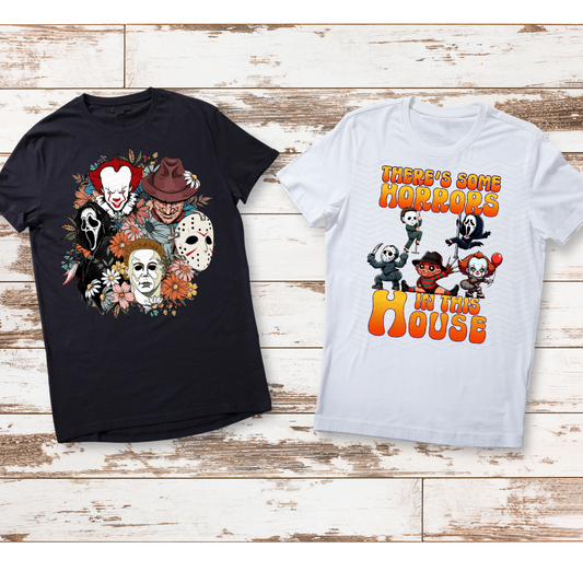 Horror Character Halloween Tshirt-Funny-Funny Horror Halloween Shirt-Horror-Floral Horror Shirt-Theres some Horrors in this house shirt