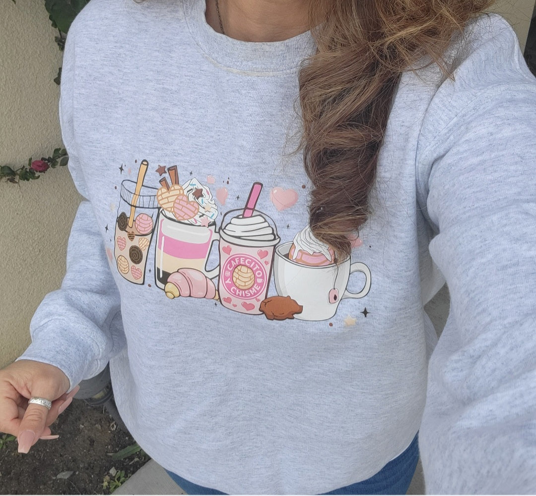 Cafecito y Chisme Fleece Crewneck-Pink Coffee Latte Sweatshirt-Cafecito Fleece