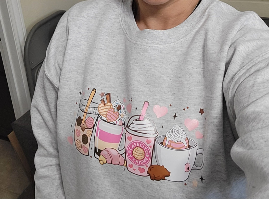 Cafecito y Chisme Fleece Crewneck-Pink Coffee Latte Sweatshirt-Cafecito Fleece