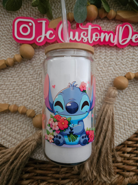 Stitch Cute spring libbey glass can-Stitch Flower spring glass cup-Stitch Flower Spring iced coffee glass cup