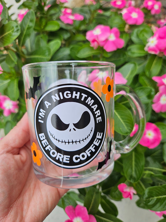 Nightmare before coffee glass mug-Spooky Coffee Mug-Nightmare Glass mug-Halloween Coffee mug-Halloween Skeleton mug