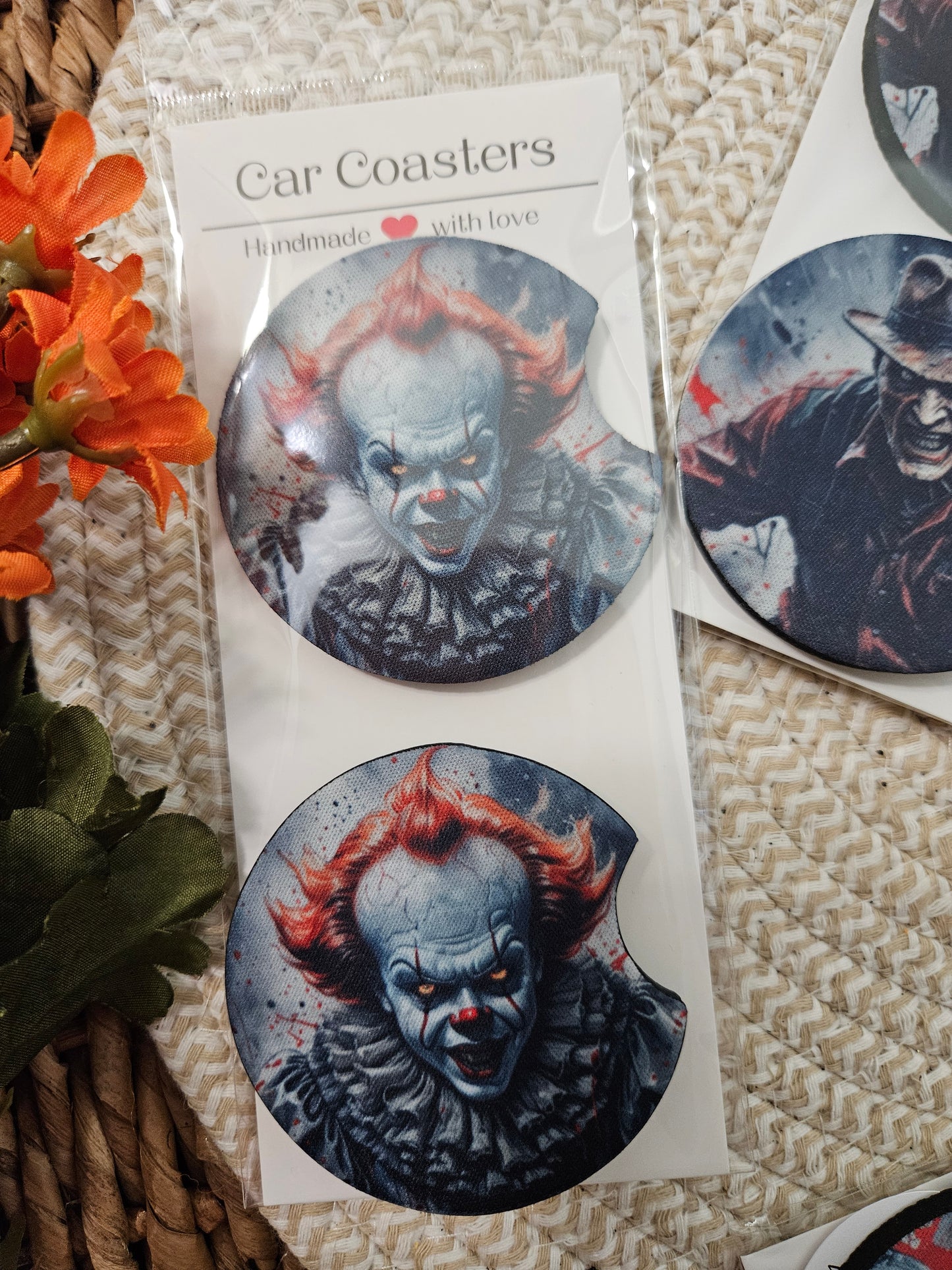 Halloween Horror Car coasters-Spooky Halloween car coasters-Chucky car coasters-Freddy K car coasters-Scary clown car coasters