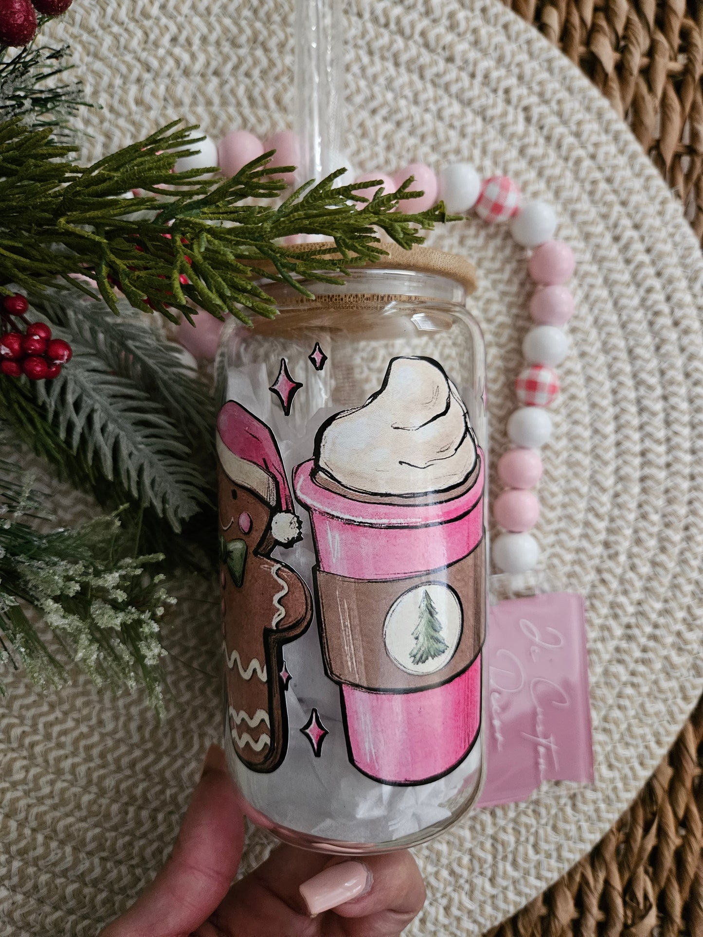 Pink Christmas Coffee Latte Glass can-Pink Christmas Mood Libbey Glass Can-Pink Christmas cups glass