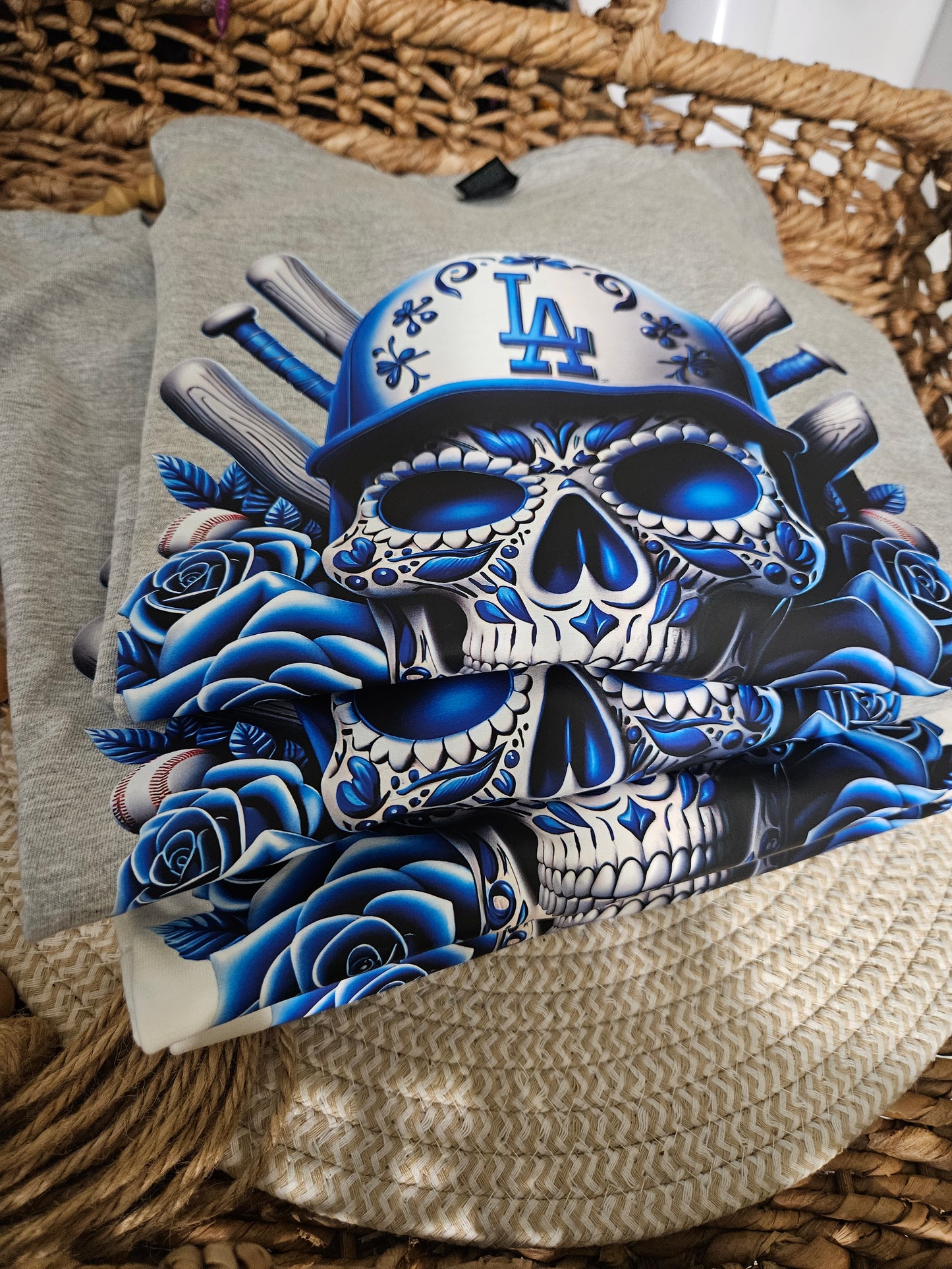 Los Angeles Dodgers Baseball shirt-Sugar skull Los Angeles shirt-Blue Dodgers Skull tee-Los Angeles Skeleton baseball shirt