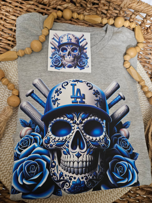 Los Angeles Dodgers Baseball shirt-Sugar skull Los Angeles shirt-Blue Dodgers Skull tee-Los Angeles Skeleton baseball shirt