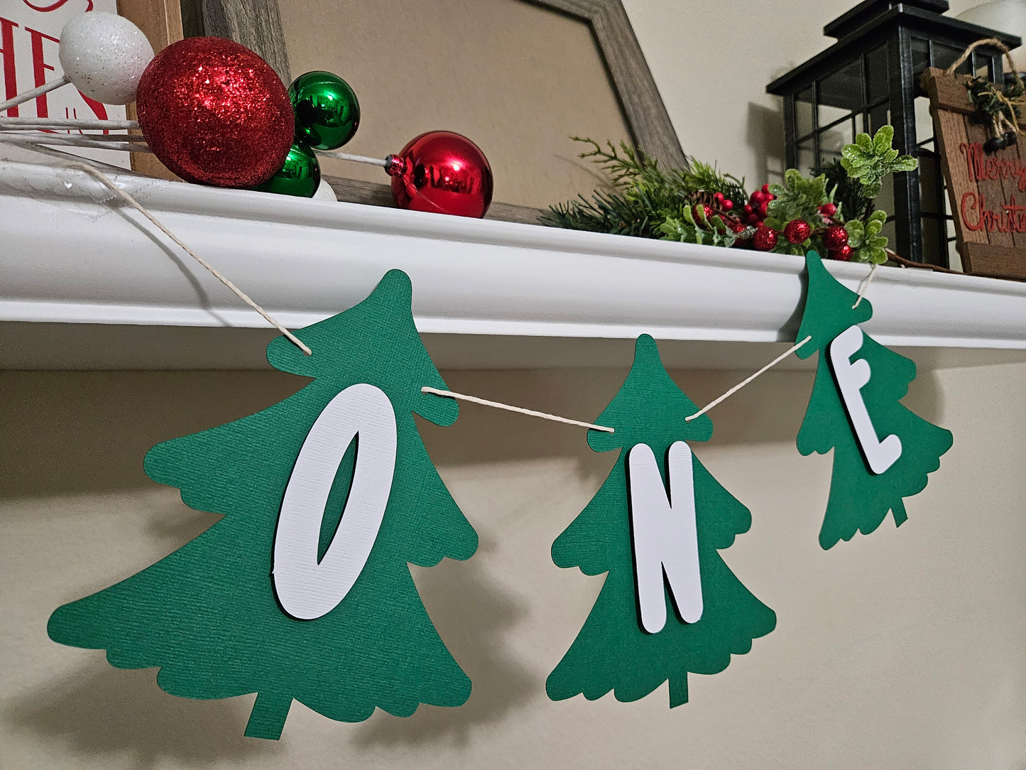 One Christmas Tree highchair banner-One Tree birthday banner-Christmas boy girl one banner