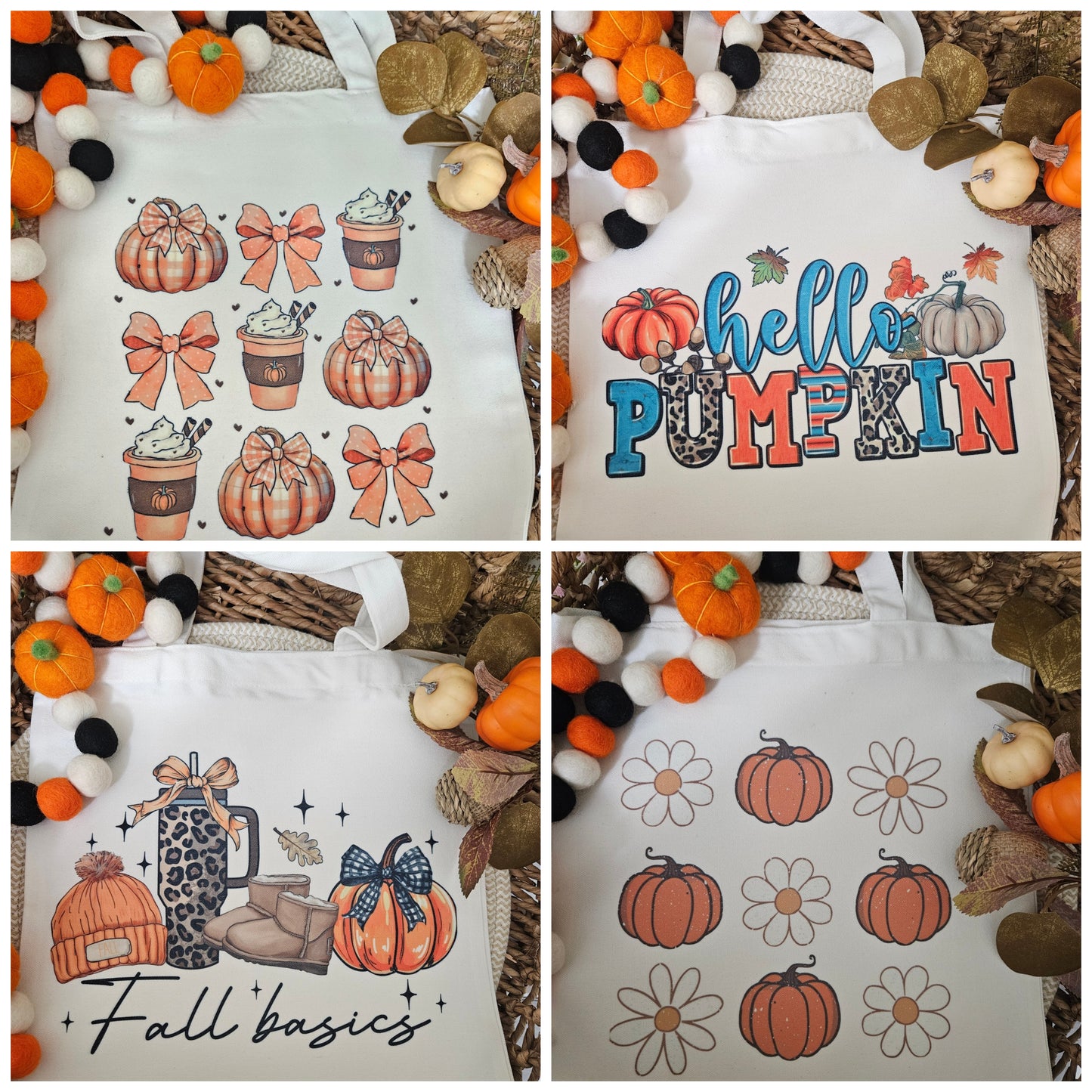 Fall Pumpkin Autumn tote bags-Coquette Pumpkin tote-Fall basics tote-Hello Pumpkin tote-Retro Pumpkin daisy tote-Cute Fall Autumn Tote bags