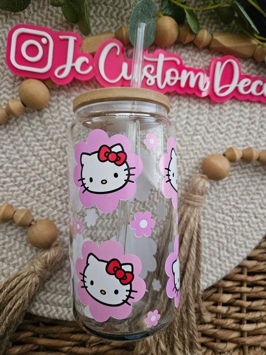 Kawaii Kitty Pink Flower cute libbey glass-Kawaii Kitty flower glass can-Kawaiii Kitty cute flower glass-Kawaii Kitty pink flower glass cup