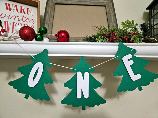 One Christmas Tree highchair banner-One Tree birthday banner-Christmas boy girl one banner