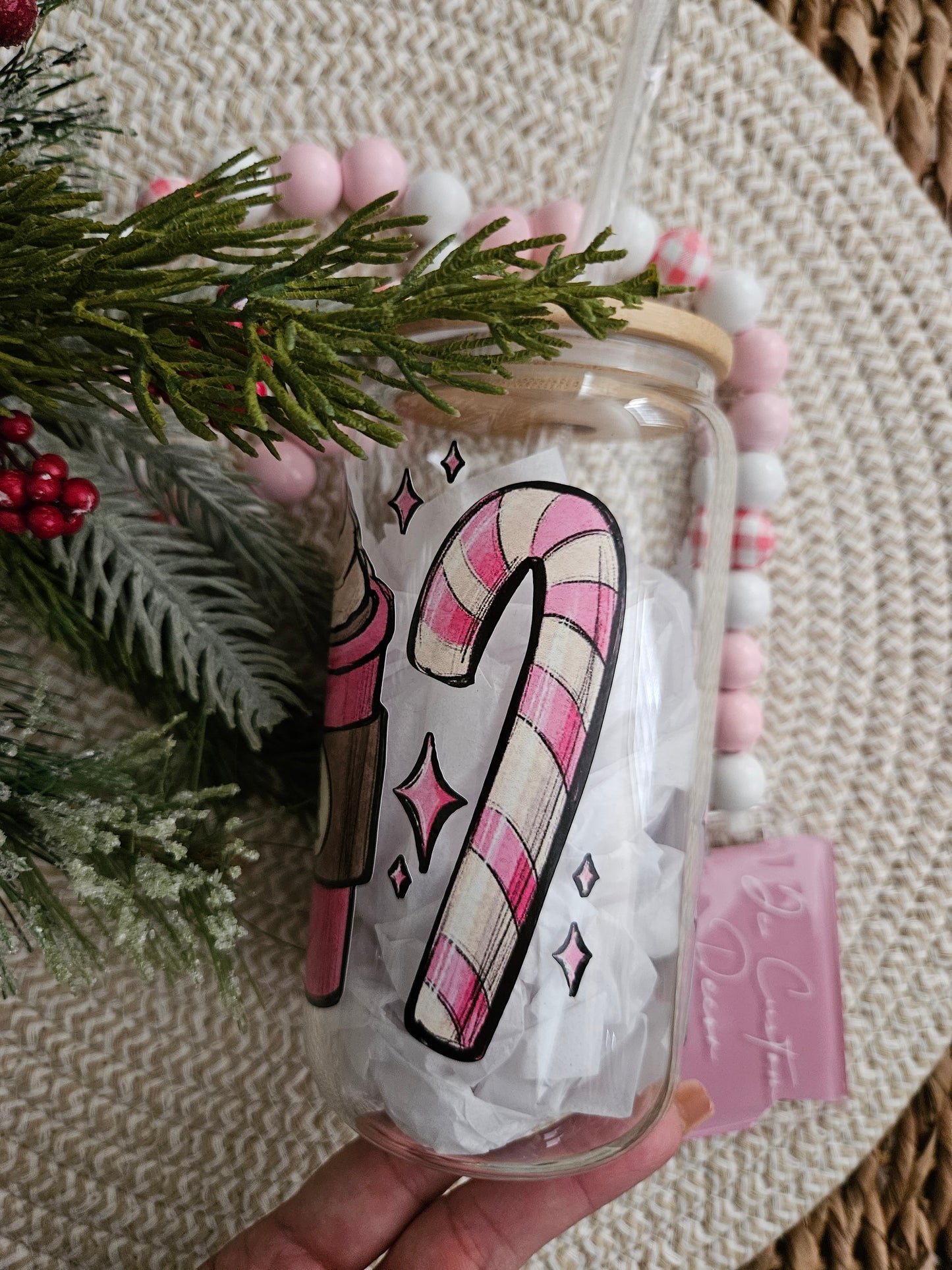 Pink Christmas Coffee Latte Glass can-Pink Christmas Mood Libbey Glass Can-Pink Christmas cups glass