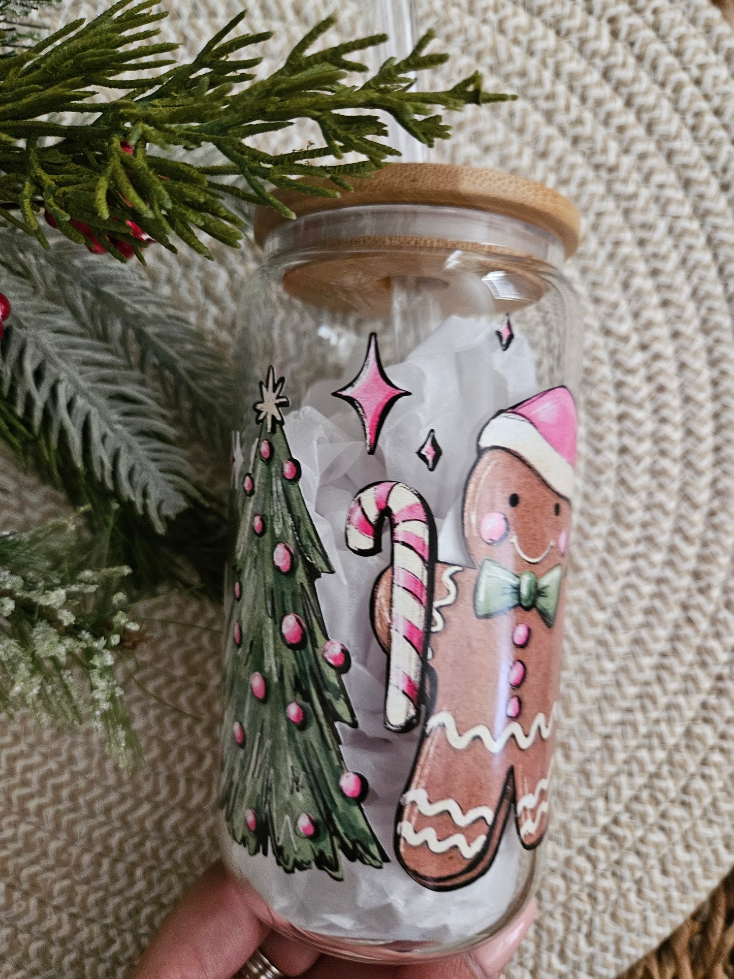 Pink Christmas Coffee Latte Glass can-Pink Christmas Mood Libbey Glass Can-Pink Christmas cups glass