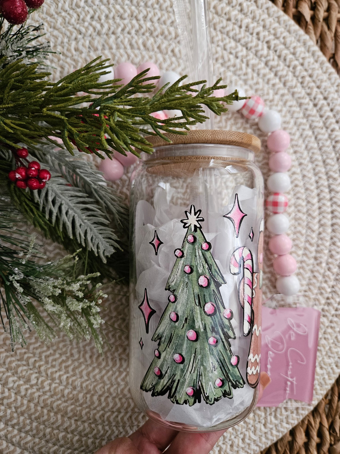 Pink Christmas Coffee Latte Glass can-Pink Christmas Mood Libbey Glass Can-Pink Christmas cups glass