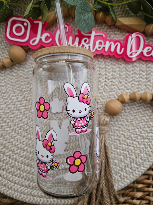 Kawaii Easter Flower Bunny Kitty libbey glass cup- Kitty Easter Bunny Iced coffee cup-Kawaii Kitty Bunny Flower Easter glass-Kawaii bunny ears glass cup