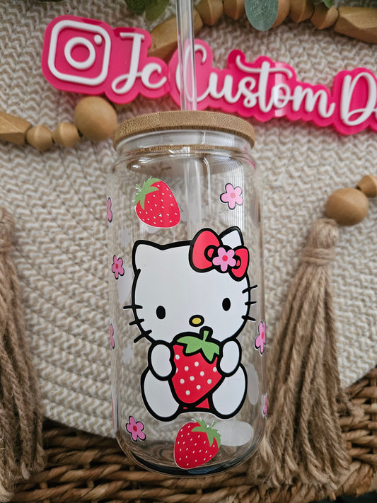 Kawaii Kitty Strawberry Flower libbey glass-Kawaii Kitty Strawberry glass cup-Kitty Strawberry libbey glass cup