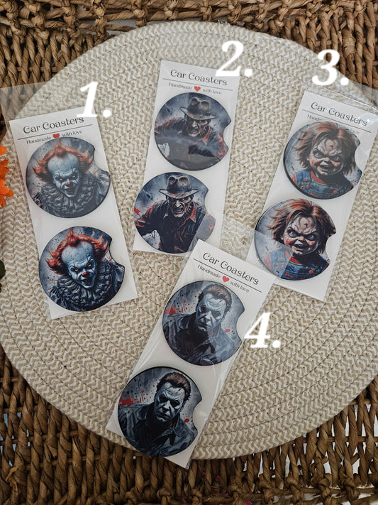 Halloween Horror Car coasters-Spooky Halloween car coasters-Chucky car coasters-Freddy K car coasters-Scary clown car coasters