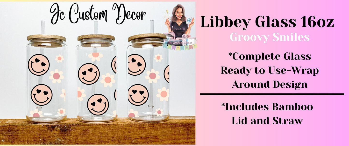 Groovy Smiles Libbey Beer Can Glass-Groovy Smiles Glass cup-Cute Smiles Iced Coffee glass-Cute Glass Cup-Cute Libbey Glass-Groovy Smiles cup